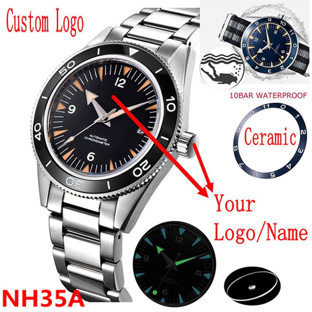 Watch Bezel Insert - โลโก้ที่กําหนดเอง NH35 นาฬิกา 10 บาร์ Mens