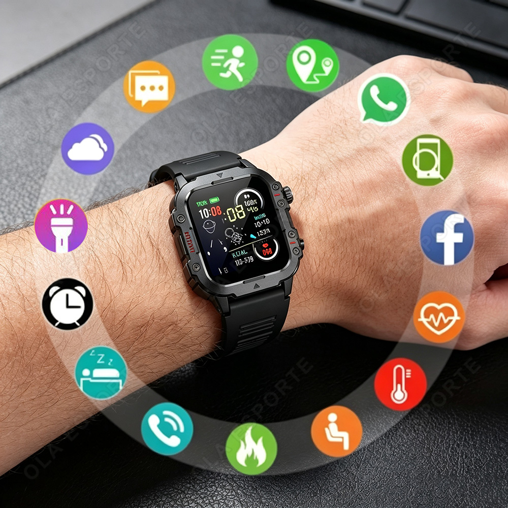 Smartwatch Rugged Watches For Men - 2026 สมาร์ทวอทช์ทหารที่ทนทานนาฬิกากลางแจ้งสำหรับผู้ชายไฟฉาย LED 1.44 ''HD หน้าจอสัมผัสเสียงบลูทูธสมาร์ทวอทช์