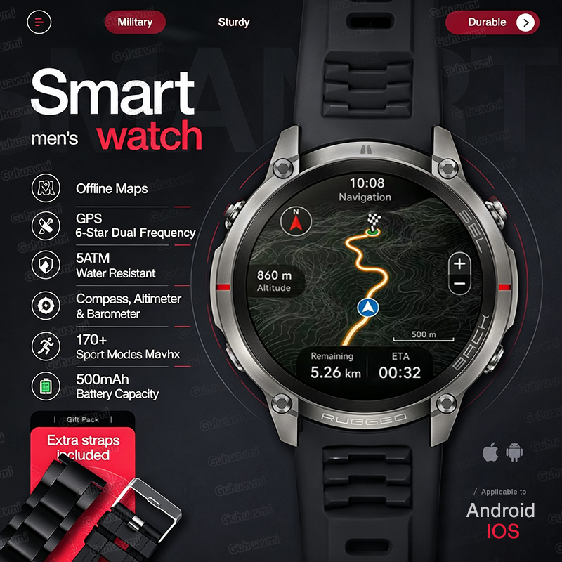 Smartwatch Rugged Watches For Men - ใหม่ทนทานทหาร GPS แผนที่ออฟไลน์สมาร์ทวอทช์ระบบนำทางกลางแจ้งกีฬาตัวติดตามเข็มทิศ 5ATM กันน้ำว่ายน้ำดำน้ำนาฬิกาผู้ชาย