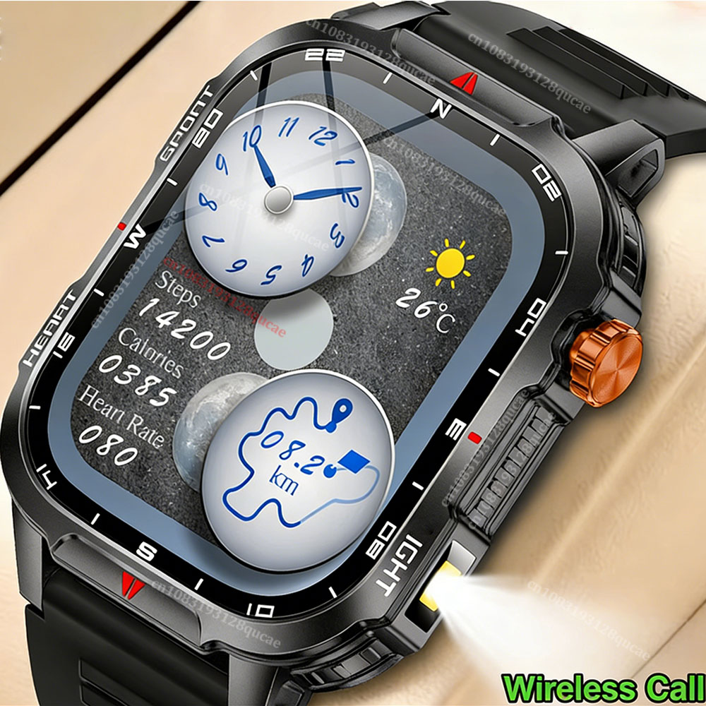 Smartwatch Rugged Watches For Men - 2026 สมาร์ทวอทช์ทหารที่ทนทานนาฬิกาผู้ชาย 2.01 นิ้ว HD หน้าจอสัมผัสเสียงโทรผ่านบลูทูธไฟฉาย