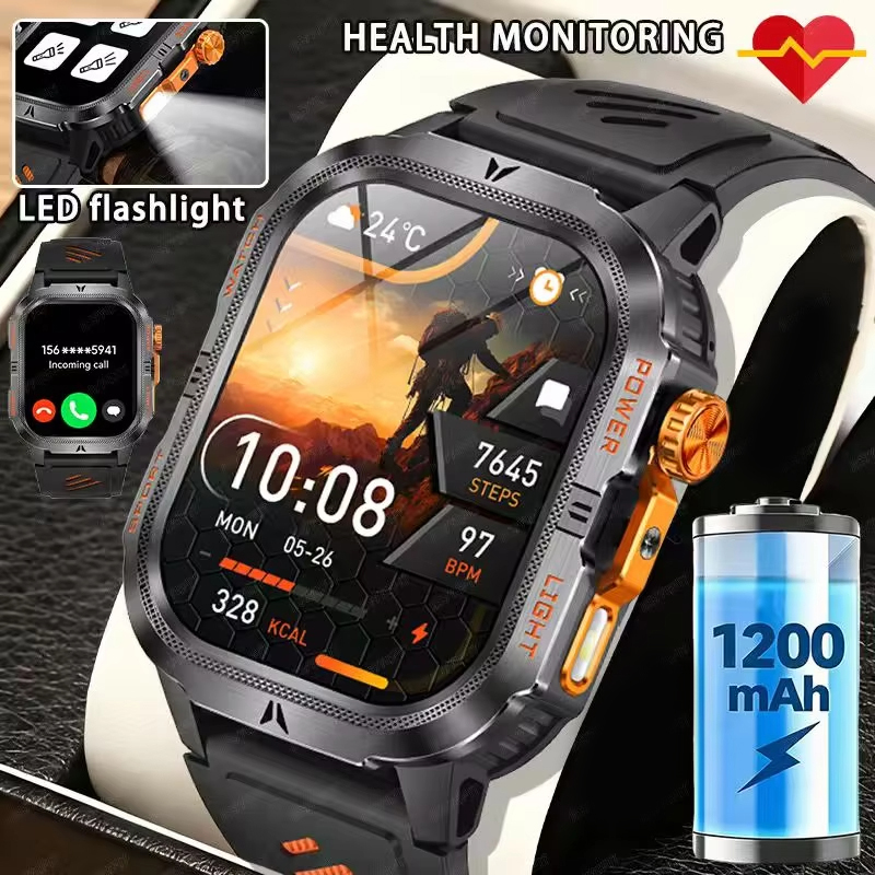 Smartwatch Rugged Watches For Men - 2026 ทนทาน 1200mAh แบตเตอรี่ขนาดใหญ่ทหารสมาร์ทวอทช์นาฬิกากลางแจ้งสำหรับผู้ชาย 2.01